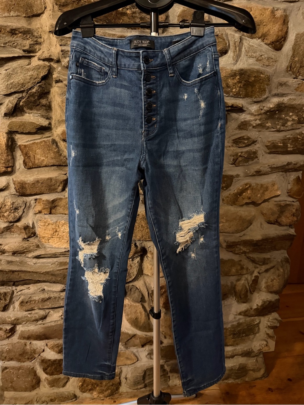 Judy Blue Distressed Button-Fly Skinny Jeans - Blue